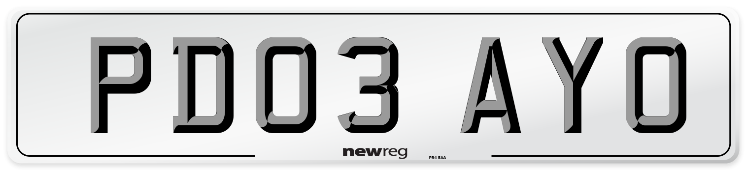 PD03 AYO Number Plate from New Reg